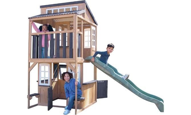 KidKraft Cliffbrook Wooden Outdoor Two-Story Playhouse with Slide