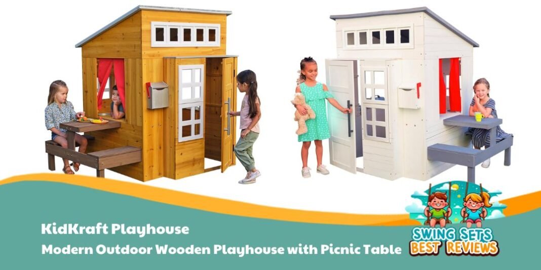 KidKraft Modern Outdoor Wooden Playhouse with Picnic Table